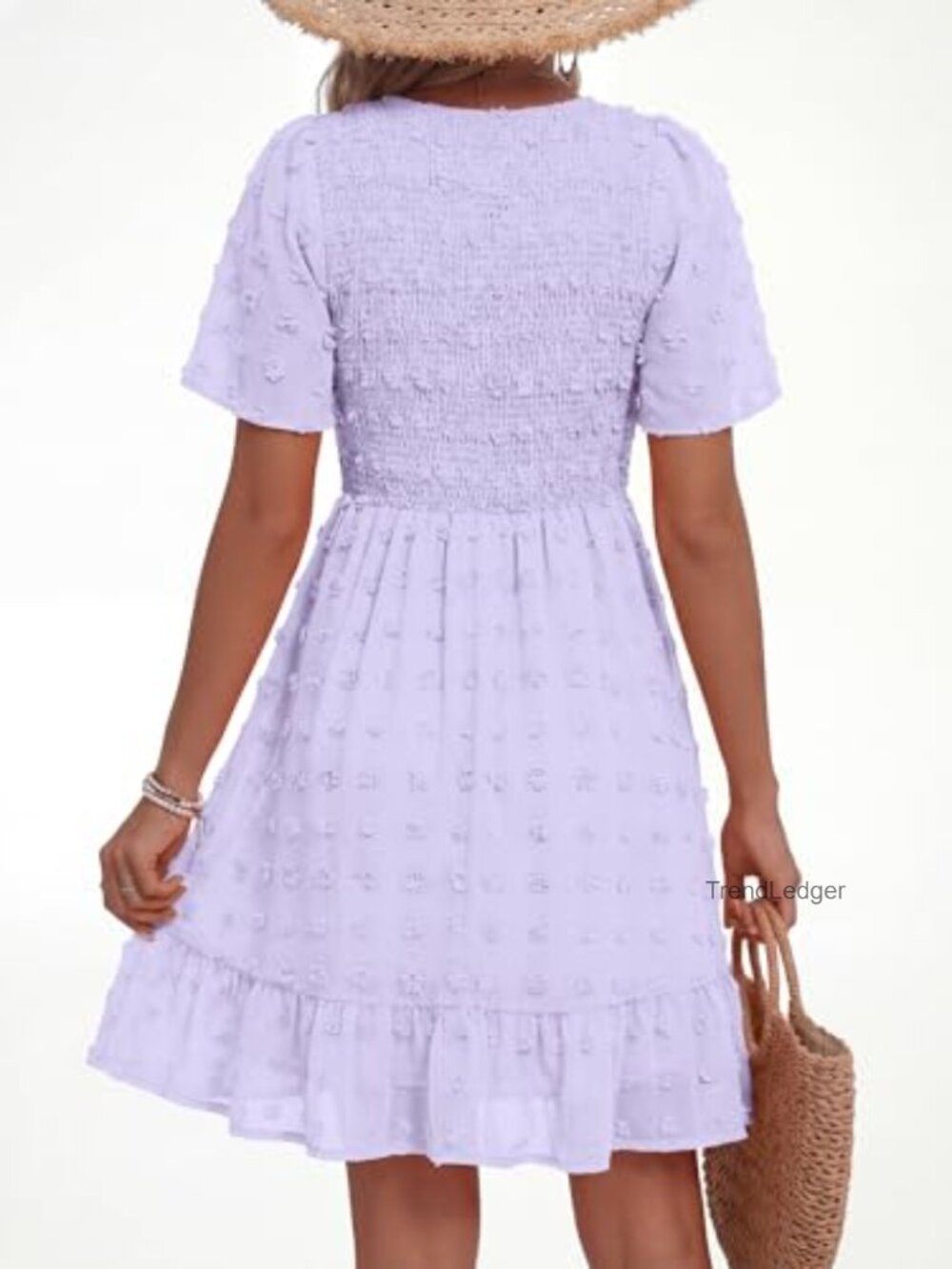 V Neck Short Sleeve Smocked Swiss Dot Ruffle Casual Mini Dress - Picture 4 of 7
